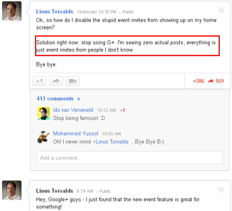Google+ pamatytas Linus Torvalds skundas dėl kvietimų į renginius antplūdžio